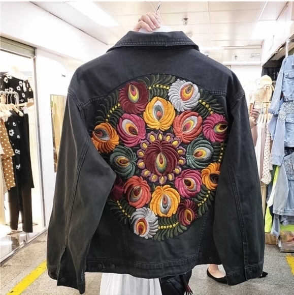Black Denim Floral Embroidered Oversized Jacket - Picture 12 of 15